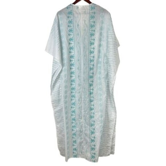 NEW RIO DE JAS size large White Blue embroidered Kaftan Mumu Dress Maxi Poncho - Picture 4 of 15